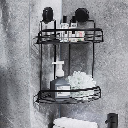New & Improved Home Essentials Twist & Lock Double Shelf Corner Shower Caddy