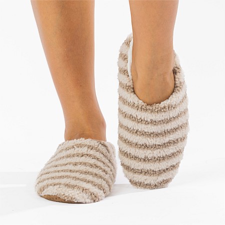 Marlo Stripe Plush Cosy Slipper Mocha 