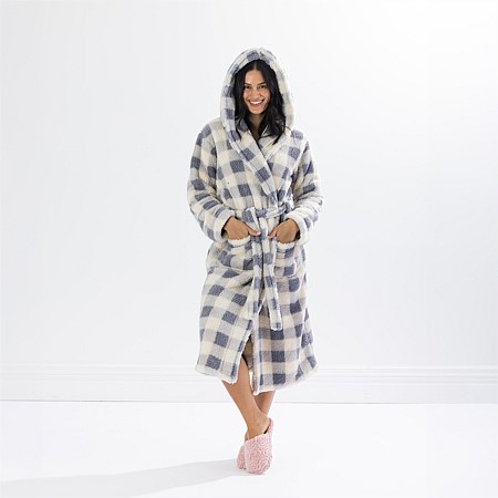 Solace Check Hooded 3/4 Length Plush Bathrobe Denim